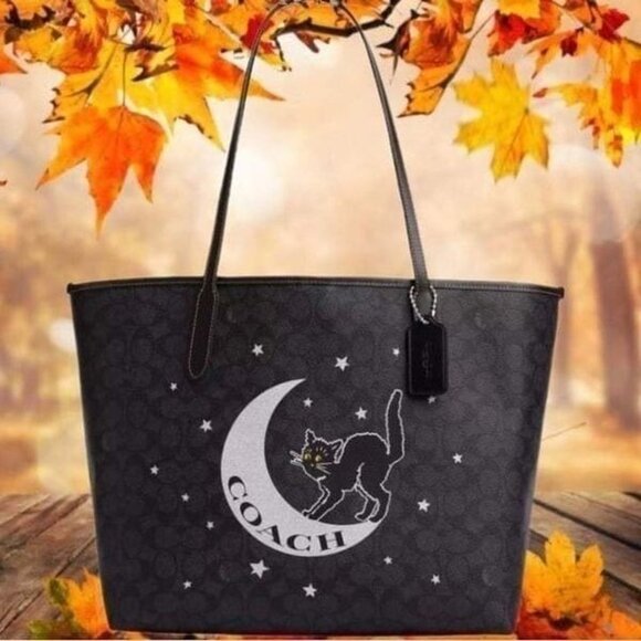 Coach Black and White Cat Moon Tote In Signature Canvas With Halloween - Picture 1 of 8